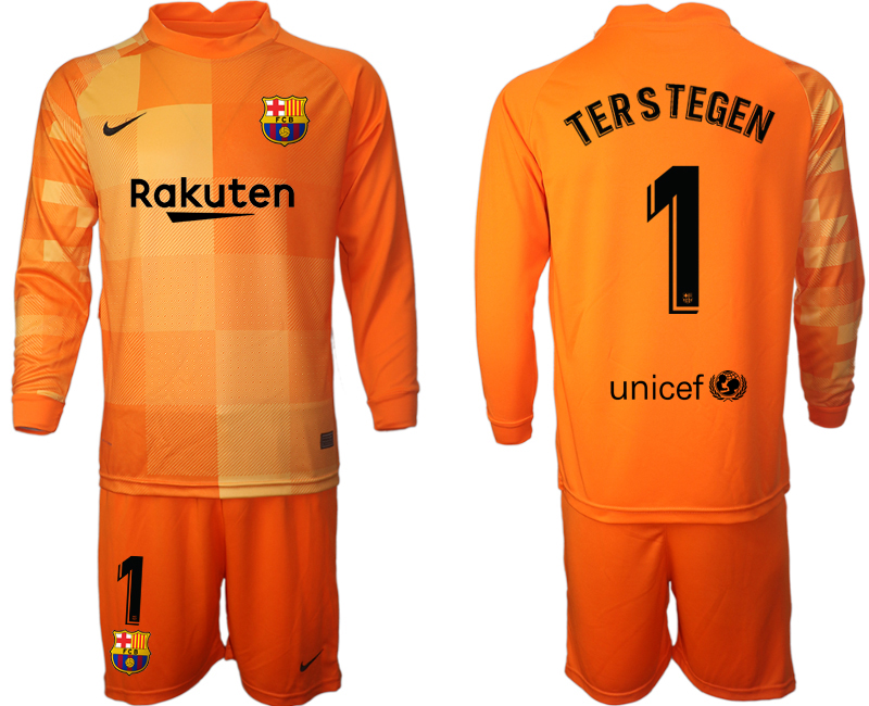 Men 2021-2022 Club Barcelona orange red goalkeeper Long Sleeve #1 Soccer Jersey